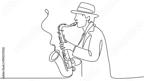 Minimalist line drawing of a man playing saxophone