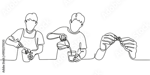 Man preparing drink and handling small object line drawing