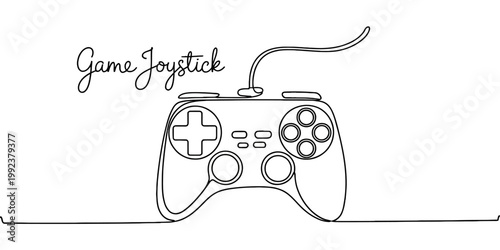 Black line art video game controller with text joystick