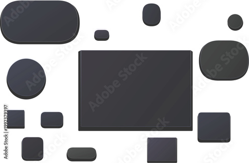 Dark Gray Black Blank Buttons Shapes Isolated White Vector UI Elements