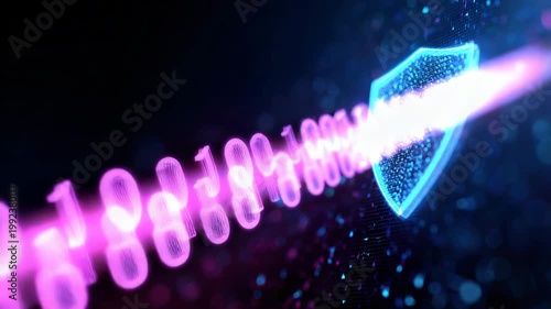 Tracking shot of glowing shield icon with streaming binary data passing across digital grid in cybersecurity interface
