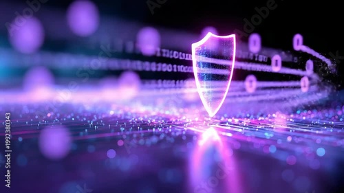 Tracking shot of glowing shield icon protecting streaming binary data across futuristic digital network surface