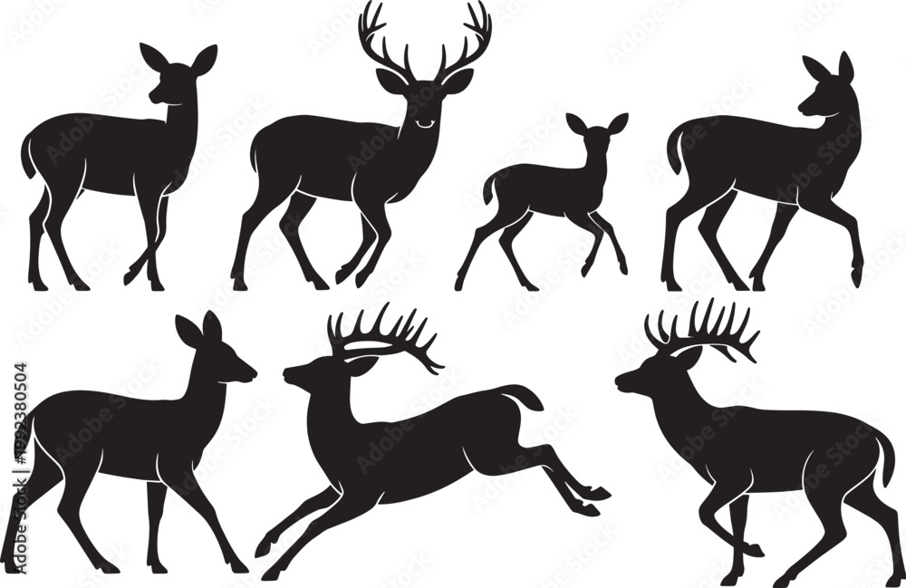 Fototapeta premium Group of deer silhouettes in various poses on transparent background.