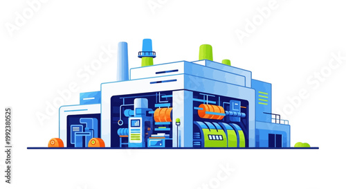 Flat vector illustration of a modern industrial factory, showcasing complex machinery and various structures, with a clean and geometric design, in a bright and optimistic color palette