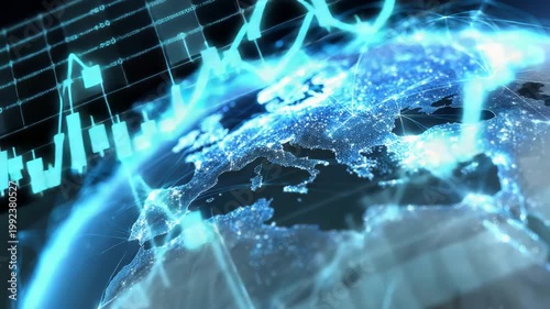 Tracking aerial zoom pan of illuminated globe network with rising financial charts over europe and mediterranean in virtual digital space