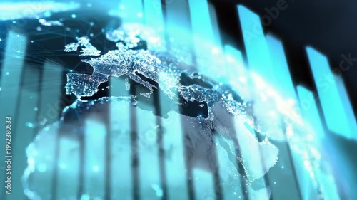 Tracking zoom aerial motion of digital globe rotating with rising data bars over europe and africa coastline in cyan illuminated night setting