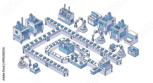 Isometric illustration showcasing an industrial factory production line with robotic arms and conveyor belts, rendered as a clean vector design against a white background