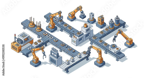 Isometric vector illustration showcasing an automated industrial factory production line with robotic arms and conveyor belts, depicted in a clean, modern style against a white background