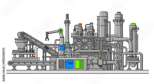 Detailed vector illustration showcasing an industrial factory with multiple structures and a crane, presented in a clean, flat design style against a stark white background