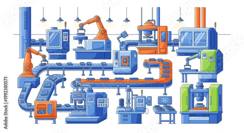 Detailed vector illustration showing an industrial factory production line with various factory building machines, including robotic arms and conveyor belts, set against a clean white