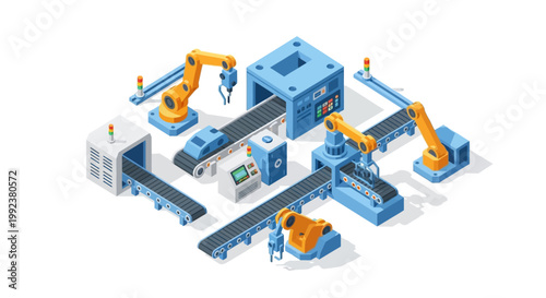 Isometric illustration of an industrial factory shows robotic arms and conveyor belts working in an automated production line, rendered with a clean, modern vector design against a bright