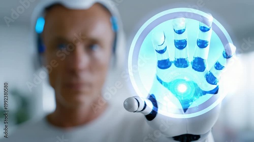 Slow motion tracking close up shot of robot hand interacting with holographic interface in laboratory setting