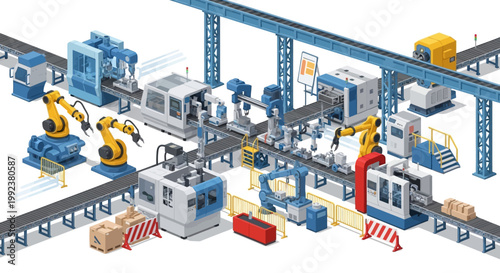 Overhead isometric illustration of a modern industrial factory showing automated production with robotic arms and conveyor belts, rendered with a clean, bright color palette against a plain