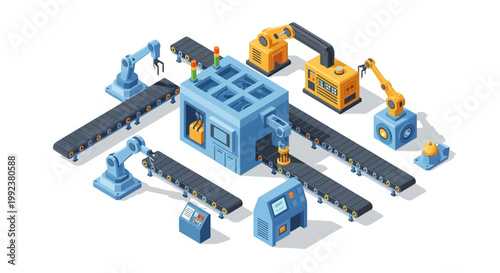 Isometric-style illustration showing automated factory production equipment, including conveyor belts, robotic arms, and a control console, set against a clean white background