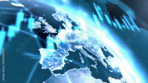 Tracking shot zoom of illuminated europe map connecting network nodes over earth with moving data overlays