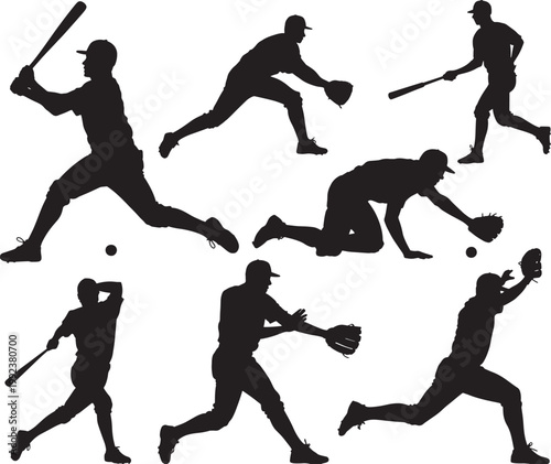 Baseball players action set vector illustration pitcher batter catcher fielders dynamic poses.