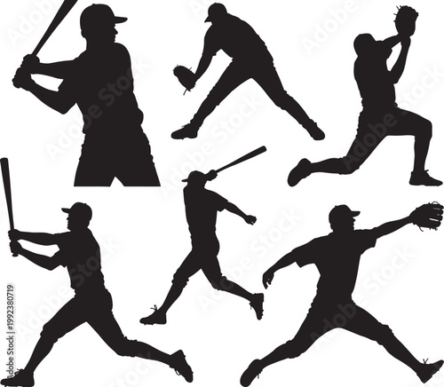 Baseball players action set vector illustration batter pitcher catcher running dynamic poses.