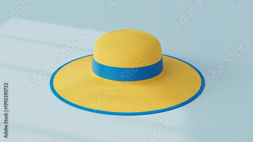 A bright yellow sun hat with a blue ribbon sits on a light blue surface