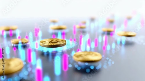 Tracking slow motion zoom pan of bitcoin coin hovering above digital network interface platform with glowing data visualization