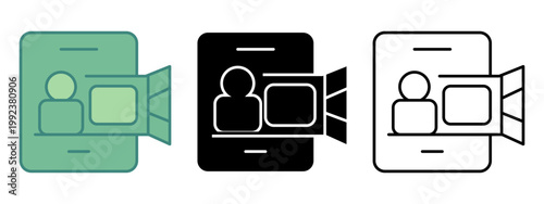 Three stylized icons of a mobile phone displaying a user profile next to a camera lens protruding outwards symbolizing video recording or streaming functionality