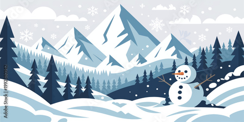 Winter Christmas snow landscape with snowman and trees