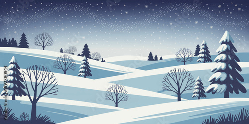 Snowy winter forest landscape with trees under night sky and mountains