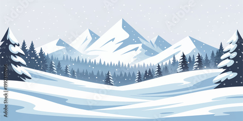Snowy winter forest landscape with pine trees and mountains and cold blue sky