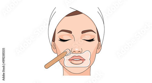 A precise application of hair removal wax occurs on the upper lip of a serene woman wearing a white head towel against a plain white background.