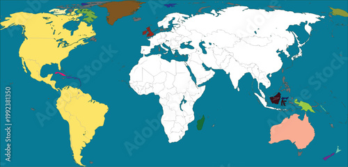 Flat map with colorful continents and islands against a dark teal ocean background featuring simplified landmass shapes and thin gray borders
