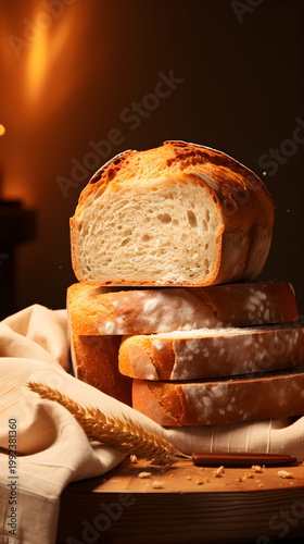 Sliced artisan sourdough bread on a wooden table. Rustic homemade loaf with a crispy crust in a warm, dark setting. Traditional fresh baked food concept