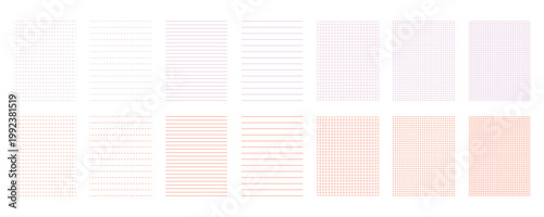 Collection of pastel colored grid, lined, and dotted paper isolated on transparent background
