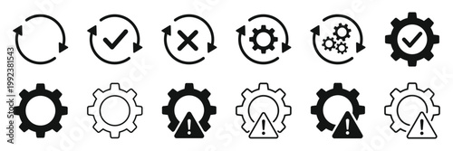 Black gear and process set with checkmarks, crosses, and warning isolated on transparent background