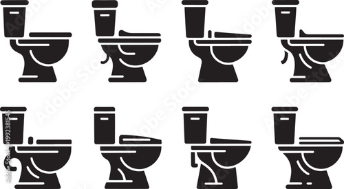 Toilet bowl set collection of diverse bathroom commode icons plumbing fixtures in flat vector style.