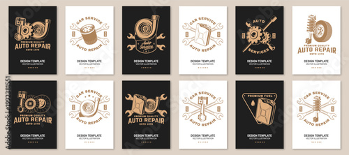 Auto repair posters bundle vector collection with car service badges turbo piston gear suspension fuel can automotive designs for garage workshop t shirt print set isolated background