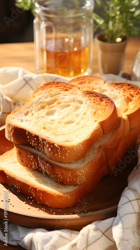 Stack of fresh toasted white bread slices on a wooden plate. Simple morning breakfast with shokupan toast in natural sunlight. Healthy meal concept