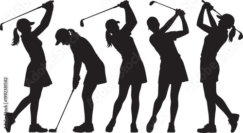 Woman golfer silhouettes set female golf players swinging club during sport game in flat vector art.