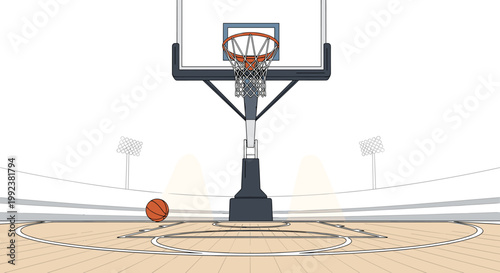An empty indoor basketball court features a prominent hoop and backboard under bright stadium lights with a single orange ball on the polished wood.