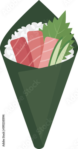 Spicy tuna temaki hand roll sushi with green leaf