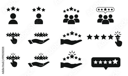 Set of black silhouette star rating featuring hands and people isolated on transparent background