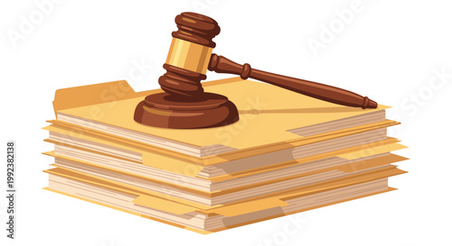 A traditional wooden judge's gavel rests on a tall stack of overflowing yellow manila folders against a plain white background in a bright setting.