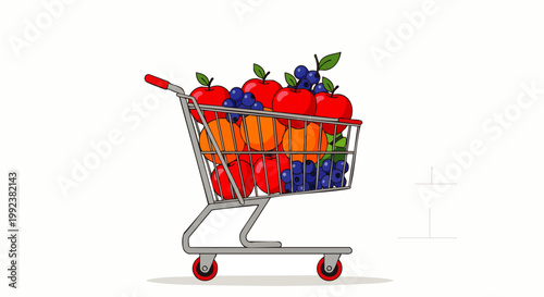 Shopping cart overflowing with fresh, colorful fruits like apples, oranges, and berries, symbolizing healthy eating, grocery shopping, and vibrant nutrition.