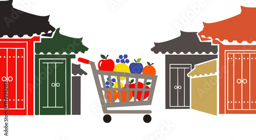 Vibrant shopping cart filled with fresh, colorful fruits in front of traditional Asian market buildings, symbolizing global commerce and healthy consumer choices. Digital graphic illustration.