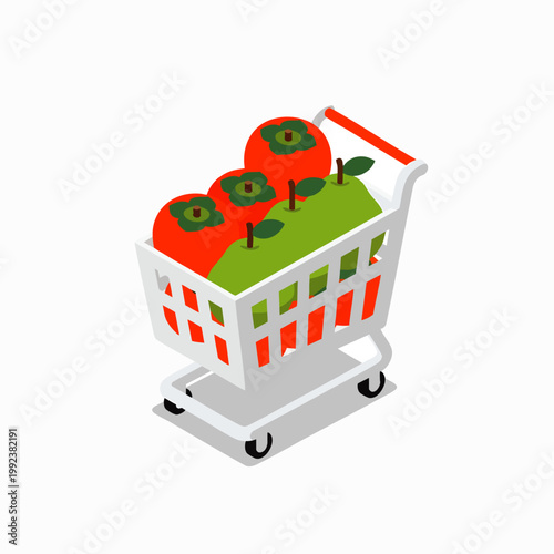 Isometric shopping cart icon with fresh fruits like red persimmons and green apples, representing grocery shopping, healthy eating, and online food delivery concept.