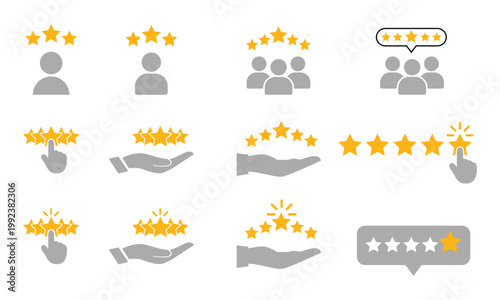 Grey and yellow star rating with hands and people symbols for isolated on transparent background