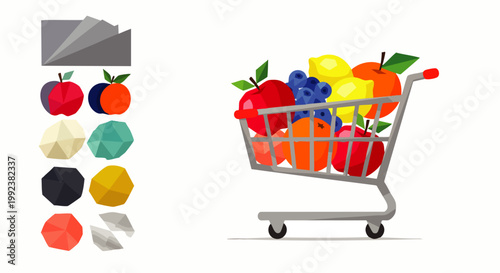 Colorful low poly fruits in a shopping cart, representing healthy eating, fresh produce, and grocery shopping. Vector illustration for nutrition and wellness concepts.