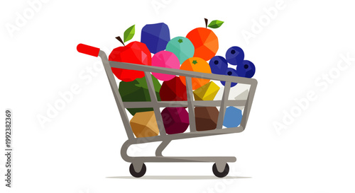 Colorful shopping cart overflowing with fresh fruits and vegetables, symbolizing healthy eating and grocery shopping.