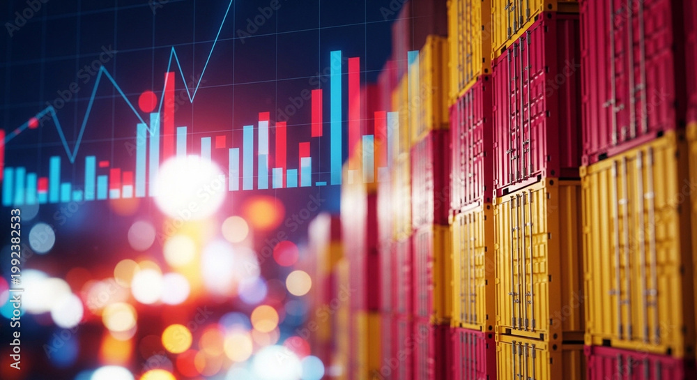 Fototapeta premium A colorful graph and shipping containers at night with vibrant lights