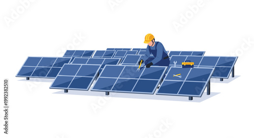 A dedicated technician wearing a yellow safety helmet and blue overalls installs solar panels within a vast outdoor field under bright daylight.