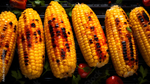 Top view of grilled corn on the cob. Flat lay of summer barbecue food with herbs and tomatoes on a dark background