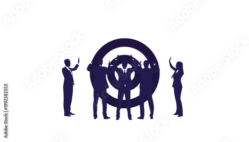 Businesspeople stand around a large circular gear to emphasize the importance of industrial synergy.